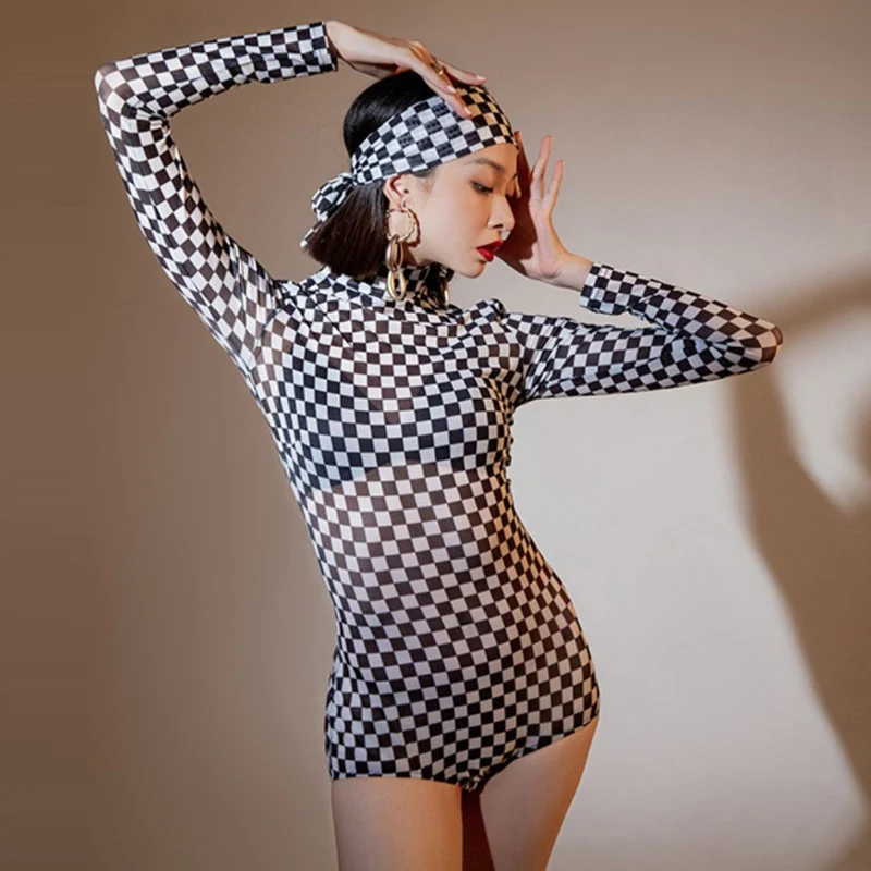

Adults Latin Dancing Practice Tops Women Long Sleeves Latin Dance Plaid Top Female Samba Salsa Ballroom Dance Bodysuit SL11794