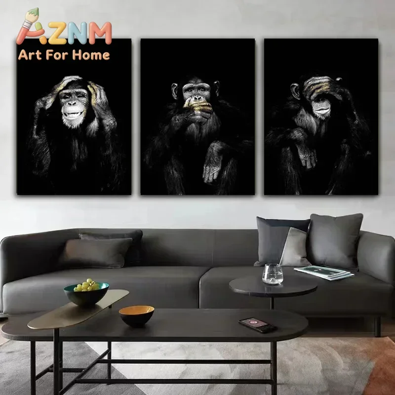 AZNM Three Wise Monkeys Canvas Painting, Black Background Chimpanzee Portrait Print, Funny Animal Wall Art Decor, Unframed Canva