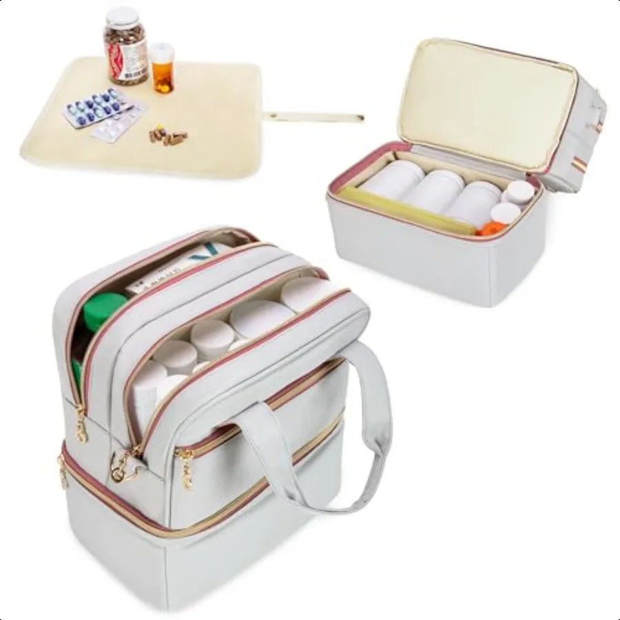 

Double Layers Pill Bottle Organizer Medicine Storage Bag with Detachable Shoulder Strap Medicine Travel Bag with Waterproof Mat