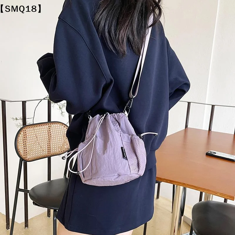 Light Purple Nylon Drawstring Crossbody Bag With Adjustable Strap Mesh Pocket For Daily Use Shopping Trips【SMQ】