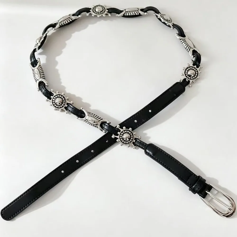 Personality Y2K Metal Carved Belts Spicy Girl Thin Bohemian Style Belts Exaggerated PU Leather Ethnic Style Waistband Women