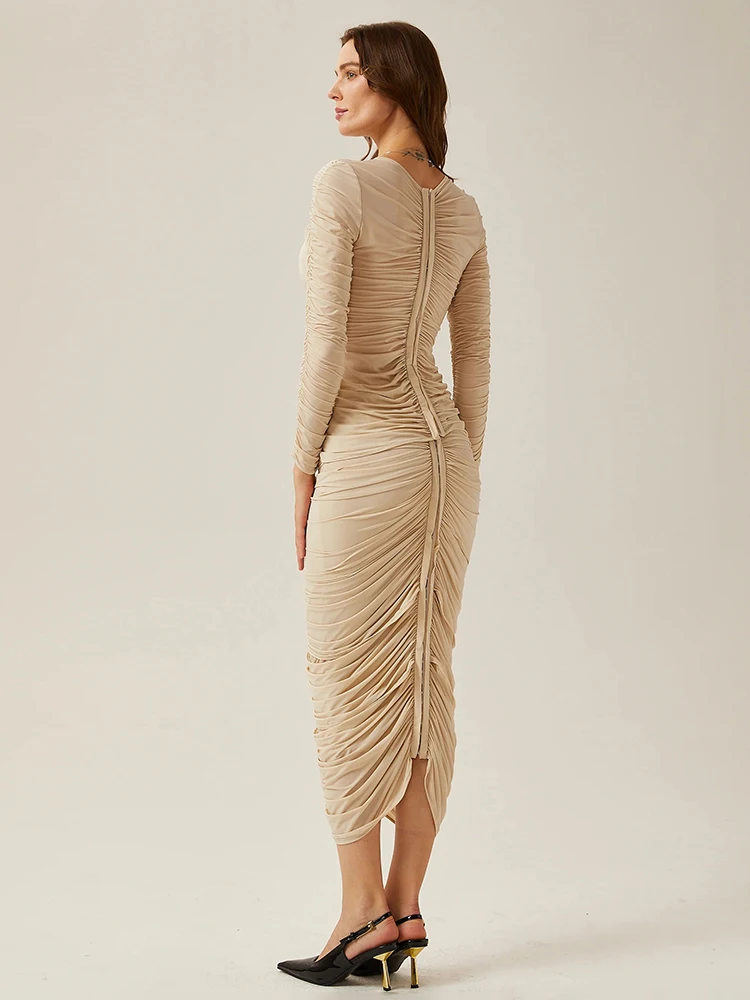 Lange mouwen hoge taille geplooide abrikoos gestructureerde bloemen tweedelige set voor dames patchwork ronde hals ruches feestjurk