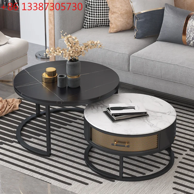 

Light luxury rock slab round coffee table combination, Italian marble coffee table