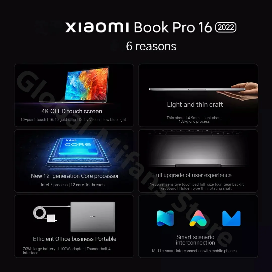 Xiaomi Book Pro 16ของแท้ i7-1260P แล็ปท็อป2022/i5-1240P RTX 2050/IRIS XE 4K หน้าจอสัมผัสโอแอลอีดี16กรัม + 512กรัมคอมพิวเตอร์โน้ตบุ๊ค