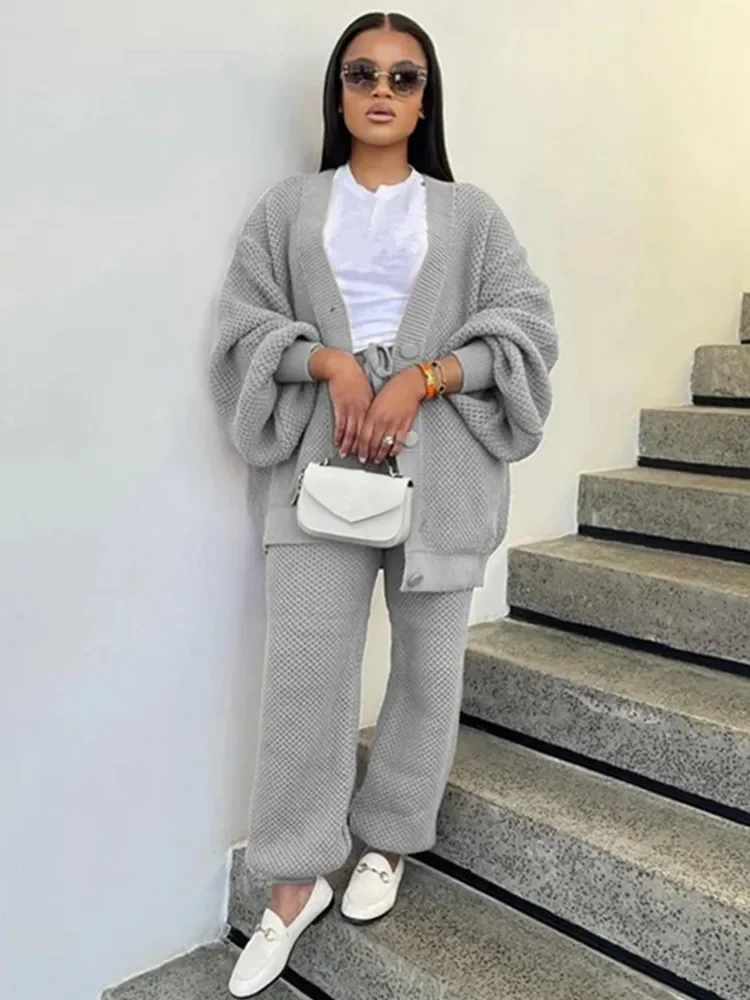 Yomesugar 2025 Maglia Set da 2 pezzi Plus Size Abbigliamento donna Casual Scollo a V Manica lunga Maglione allentato Cardigan + Pantaloni Match Streetwear