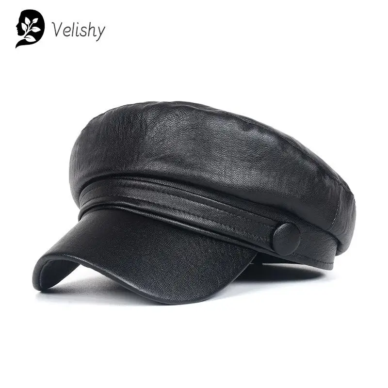 Unisex PU Leather Caps for Black Flat Top Captain Cap Travel Cadet Hat