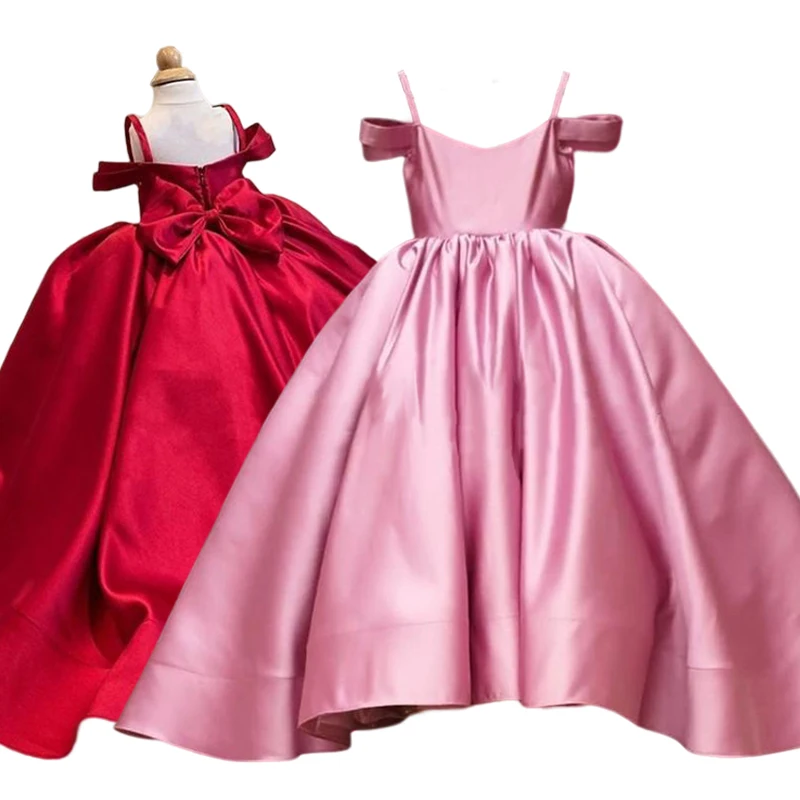 

Customized Summer Red PinK Floor Length Satin Junior Bridesmaid Dress for Wedding Ceremony Birthday Party Princess Gown 1-14