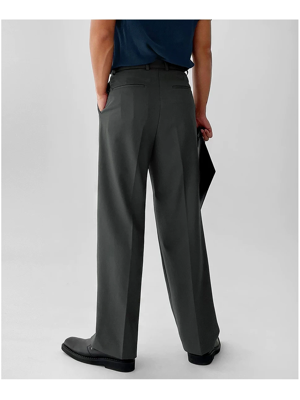 Deep Grey Men's Workwear Pants Loose Straight Leg Casual Suit Trousers No Ironing Required Buckle Design Comfortable Fit