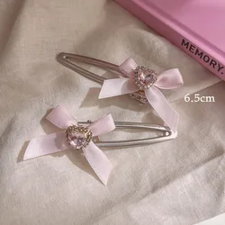 2Pcs Y2k Pink Bow Heart Rhinestone Hair Clip for Women Sweet Cute Lolita Girly Hairpin Girly Hairpin Fashion Hair Accessories