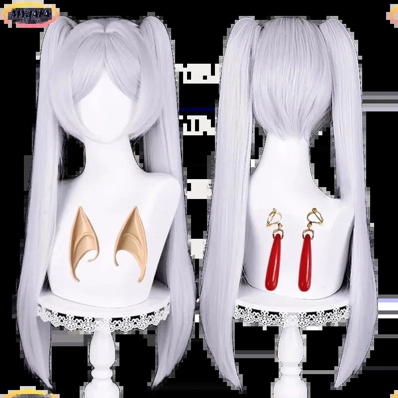 

Frieren Cosplay Wig Long Silver White Double Clip Ponytails Heat Resistant Hair Halloween Party Role Play Anime Wigs + Wig Cap