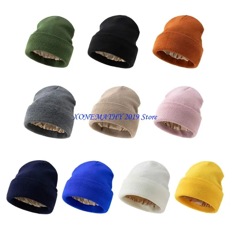 

F42F Эластичная вязаная зимняя шапка для большой головы с атласной отделкой, акриловая мягкая теплая шапка, эластичные шапки