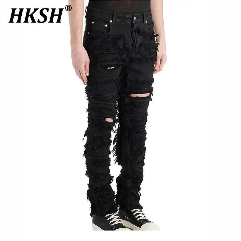 

HKSH Spring Summer New Man Punk Jeans Chic RO Dark Wax Slim Destruction High Street Patchwork 3D Cut Elastic Denim Pants HK4962