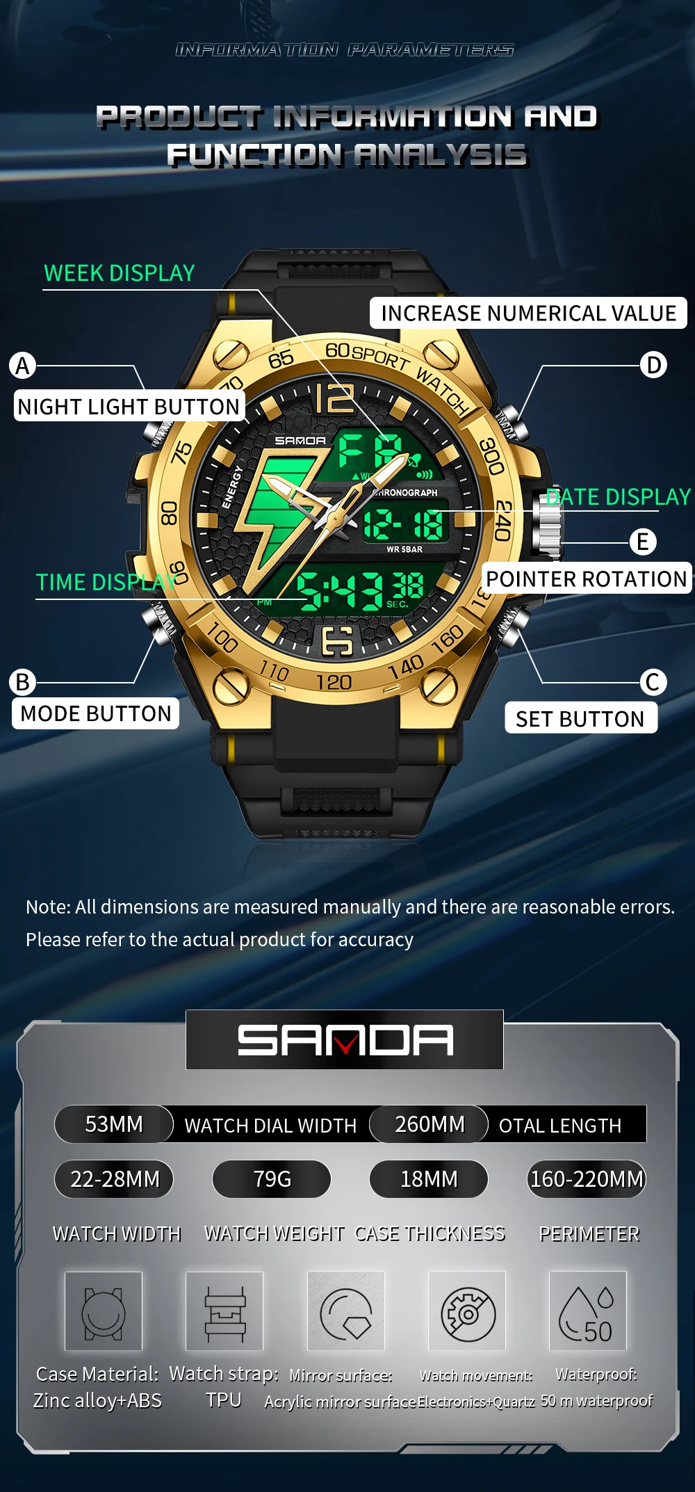 Sanda-relojes militares impermeables para Hombre, pulsera electrónica de cuarzo con Led, Reloj Digital con alarma y 2 tiempos