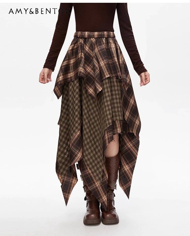 

Summer and Autumn New American Street Retro Style Khaki Black Patchwork Plaid Irregular High Waist Mid-Length Skirt