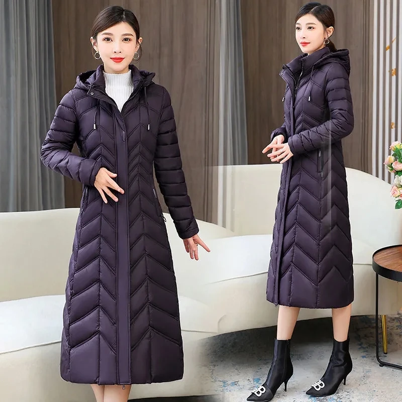 2024 NEW Winter Hooded Down Jacket 5XL Women\'s Warm Parka Fashion Down Cotton Women Long Coat Slim Temperament Female Overcoat