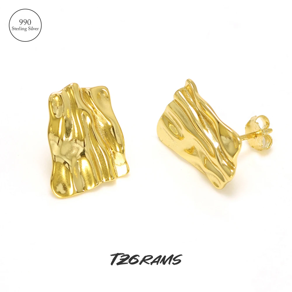 925 Sterling silver Irregular Stud Earrings Gold Plated Jewelry Water ripple Unique Design Jewelry Best Gift