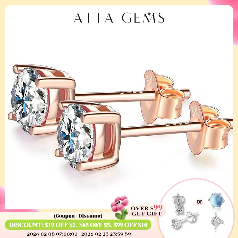 

ATTAGEMS D Color Moissanite 1CT Gemstone 750 Rose Gold 18K Plated Stud Earrings for Women Solid 18K Gold Solitaire Fine Jewelry