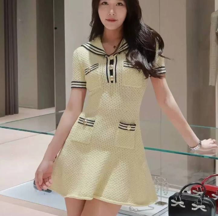 

Women's yellow navy collar dress with waist, short sleeves, slim pockets and trim mini party dress