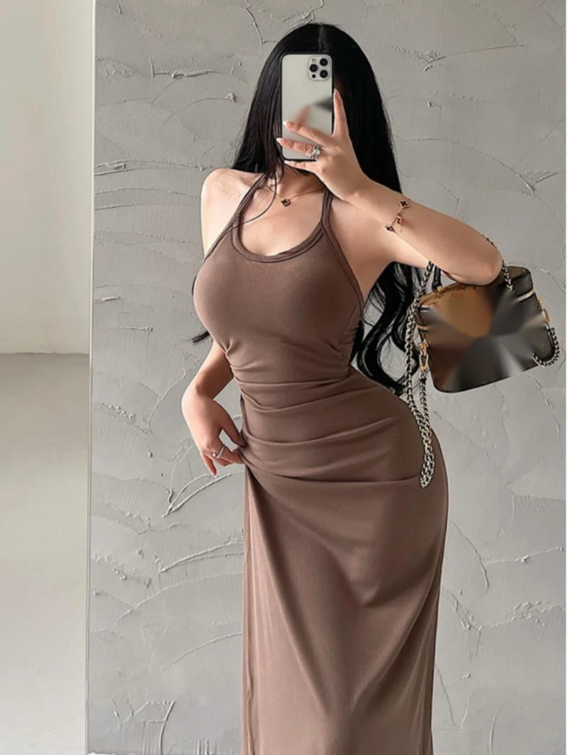 

Pure Desire Sexy Open Back Folded Waist Hanging Neck Dress Long Dress Elegant Chest Pads Dresses Fashion Women C7BB