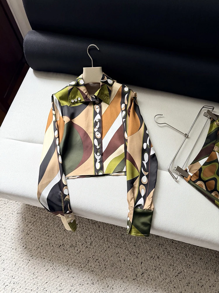

Spring Summer Fashion Vintage Geometric Print Silk Short Style Blouses Women's Turn-down Collar Long Sleeve Slim Shirt
