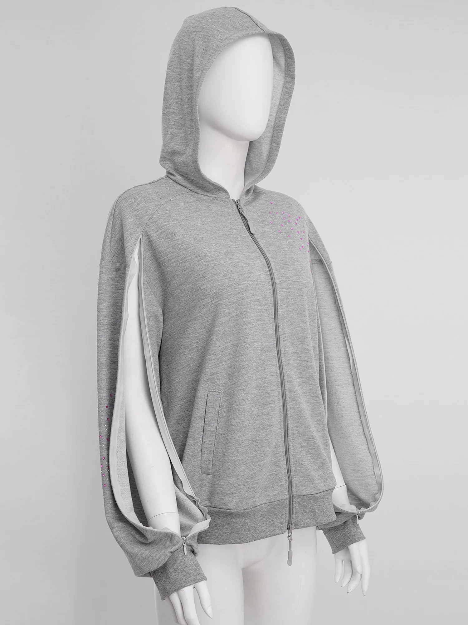 Ladies Full Zip Hoodie with Arm Zippers Shiny Rhinestone Decor Casual Jacket with Pockets for Daily & Dialysis
