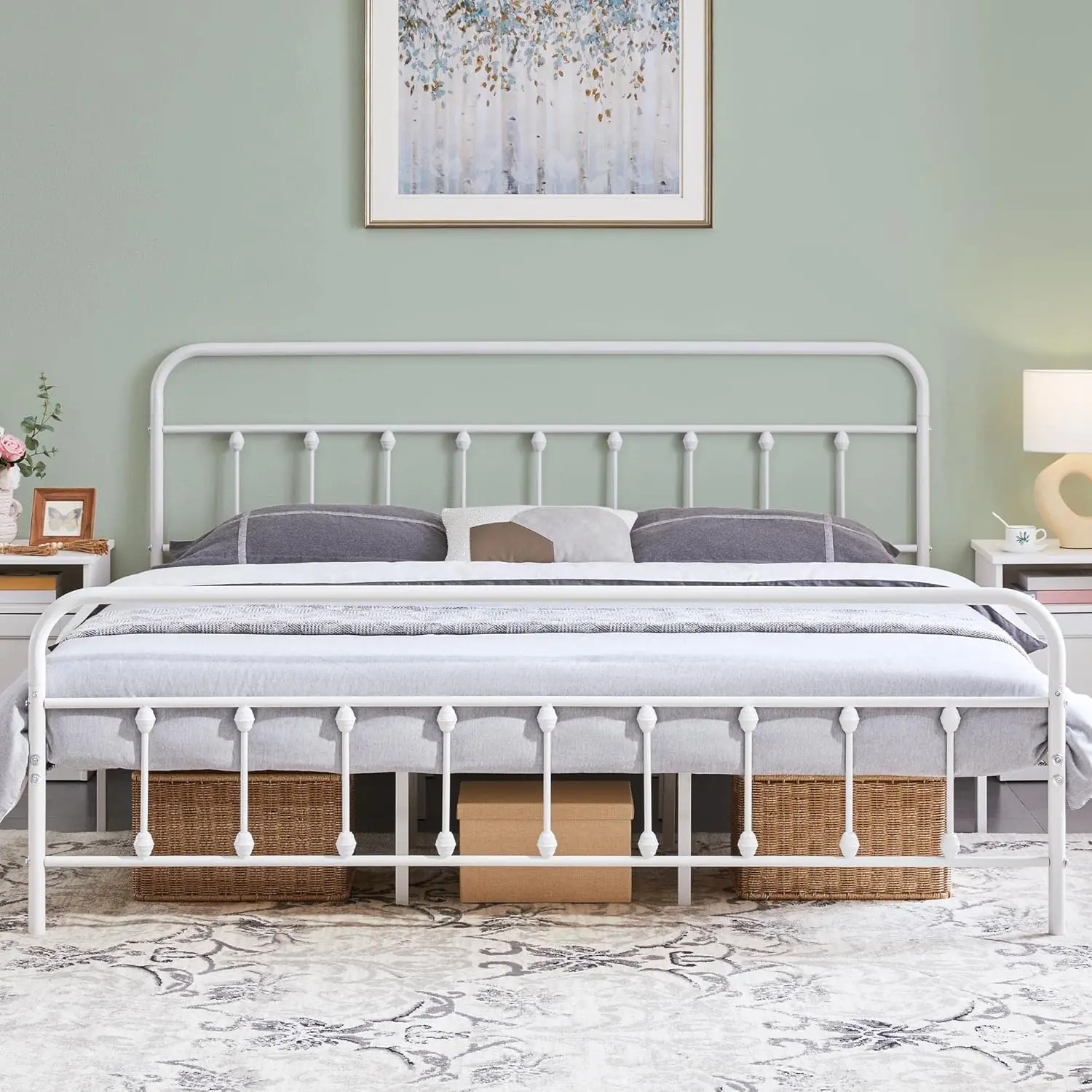 

Bed frame, mattress base, wrought iron headboard/footrest/under bed storage/no need for springs/extra large white