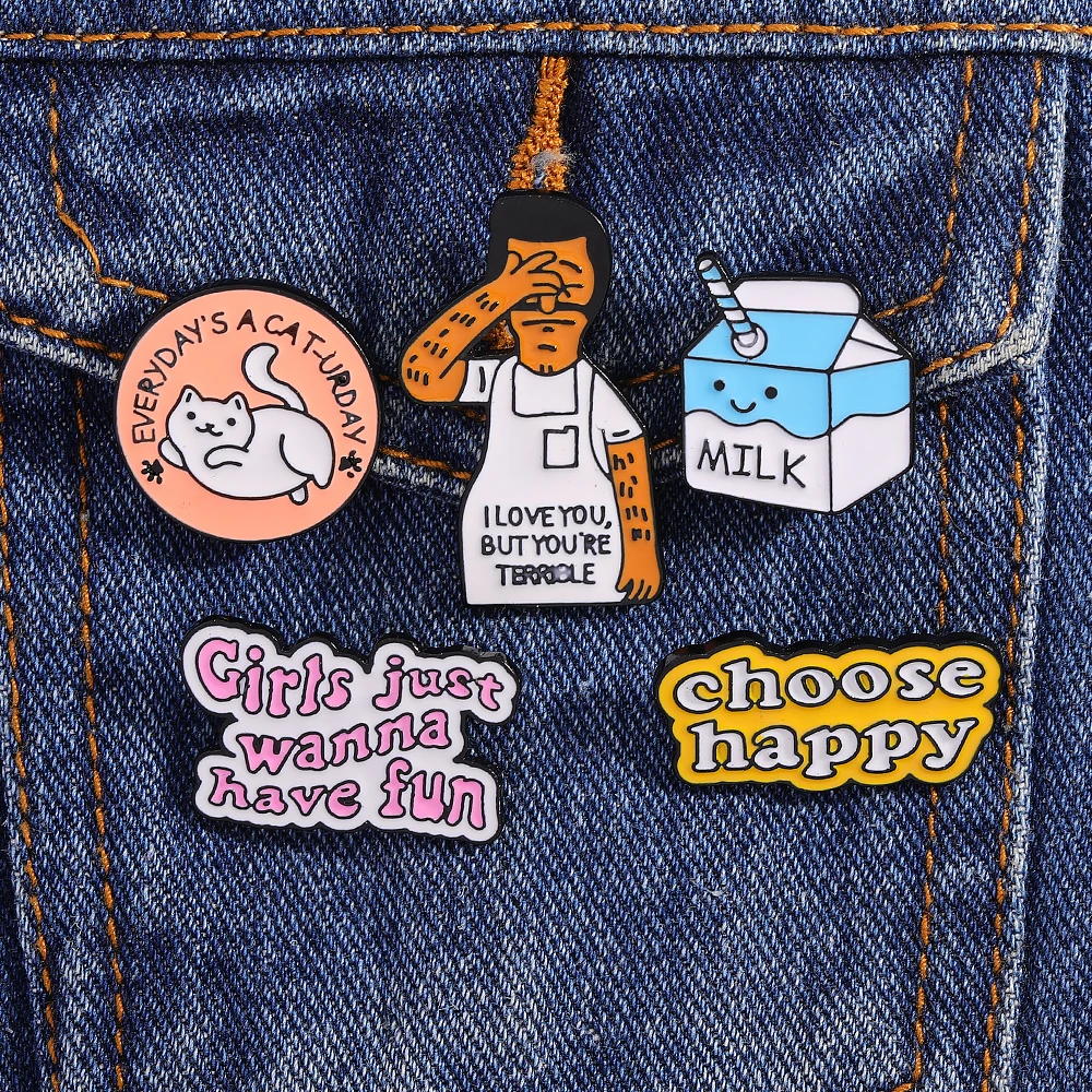20 Styles Cute Letter Animal Design Brooches Cup Coffee Milk Calculator Cats Backpack Pins Choose Happy Pillow Queen Badge