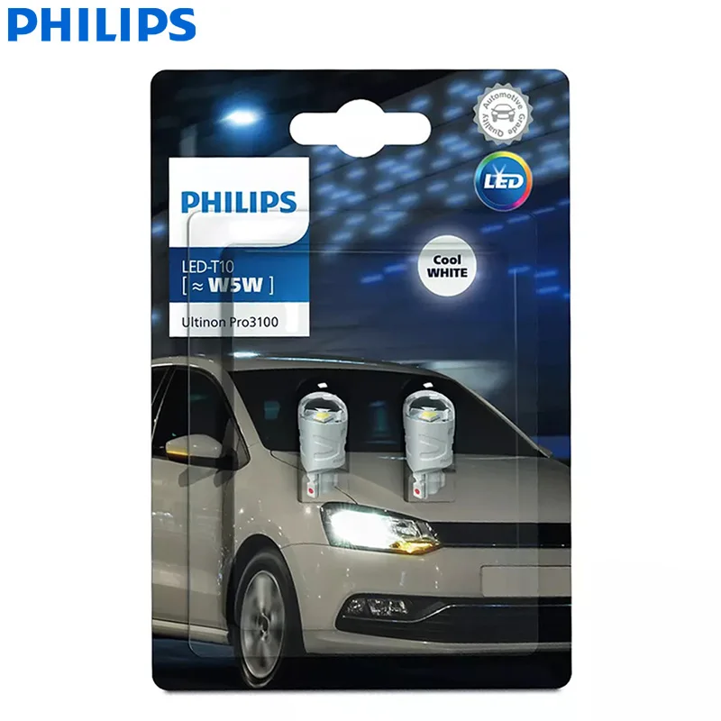 PHILIPS Genuine T10 Ultinon Pro3100 LED Bulb Cool‑White 12V W5W Auto Parking Lamp Position Light Original Car Signal Lights Pair