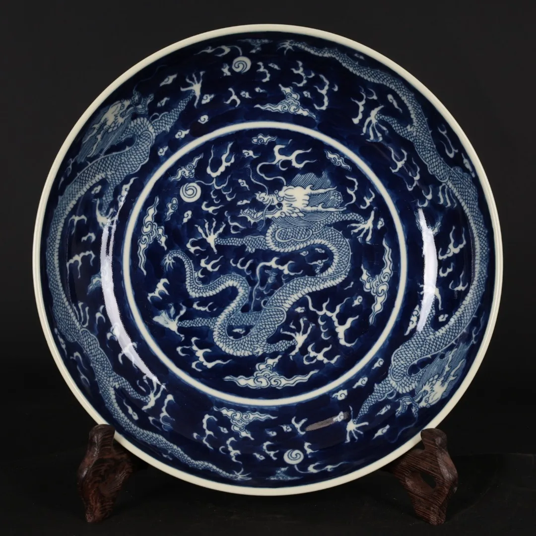 Jingdezhen Blue and White Five Dragon Pattern Appreciation Plate Vintage Porcelain Ornament