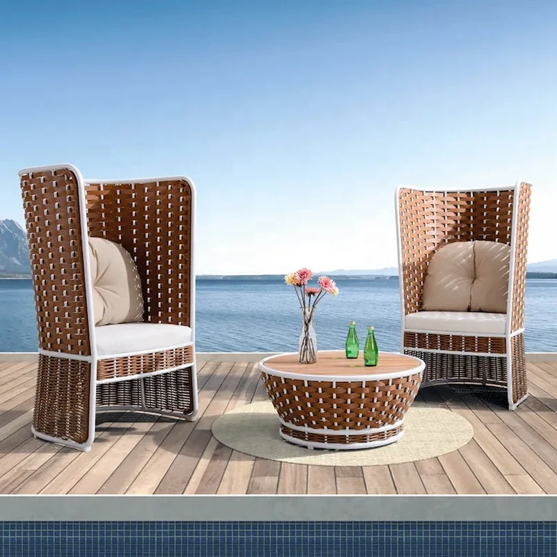 #Luxury Portable Barrel-Shaped Outdoor Wicker Furniture Set Brown Rattan White Trim with Storage Tower Garden Chair Patio