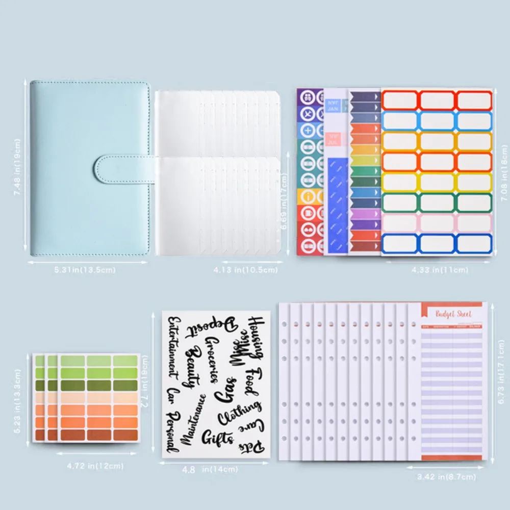 Stickers A6 Cash Budget Ledger Magnetic button Ruler Loose-leaf Notebook Daily Plan with Index Tags Coil PU Leather Folder Kids