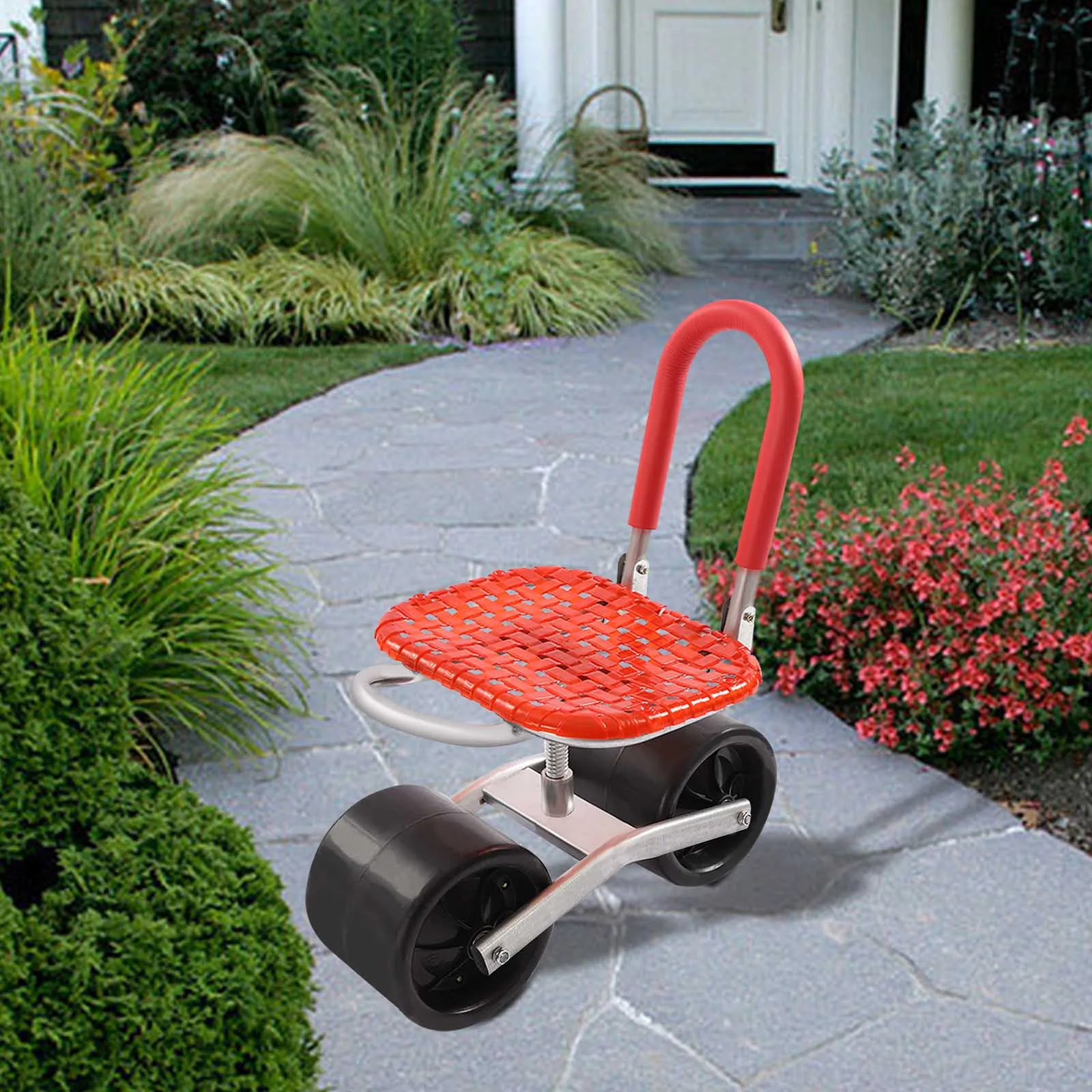 

Garden Cart Red Rolling Work Seat Stool with Dual Wheels Adjustable Seat Height and Direction for Weeding Planting Lawn Care