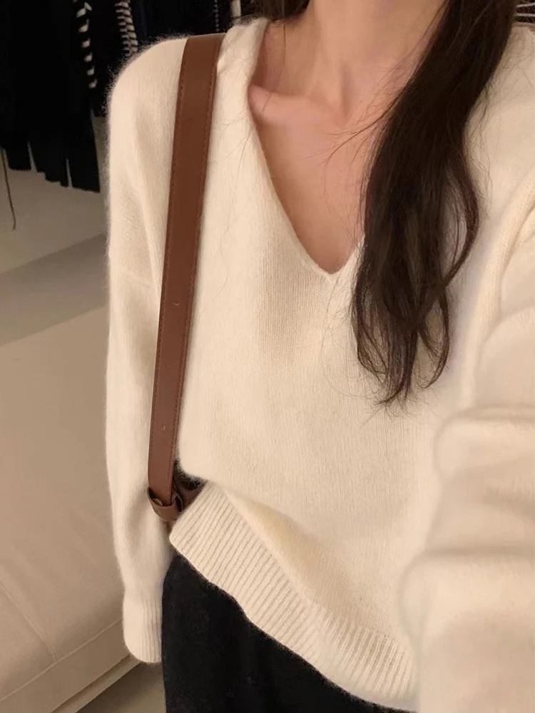 Versatile Loose Knitted Sweater Women's Spring Autumn New Style  Color V-Neck Slimming Overhead Korean Style Long Sleeve