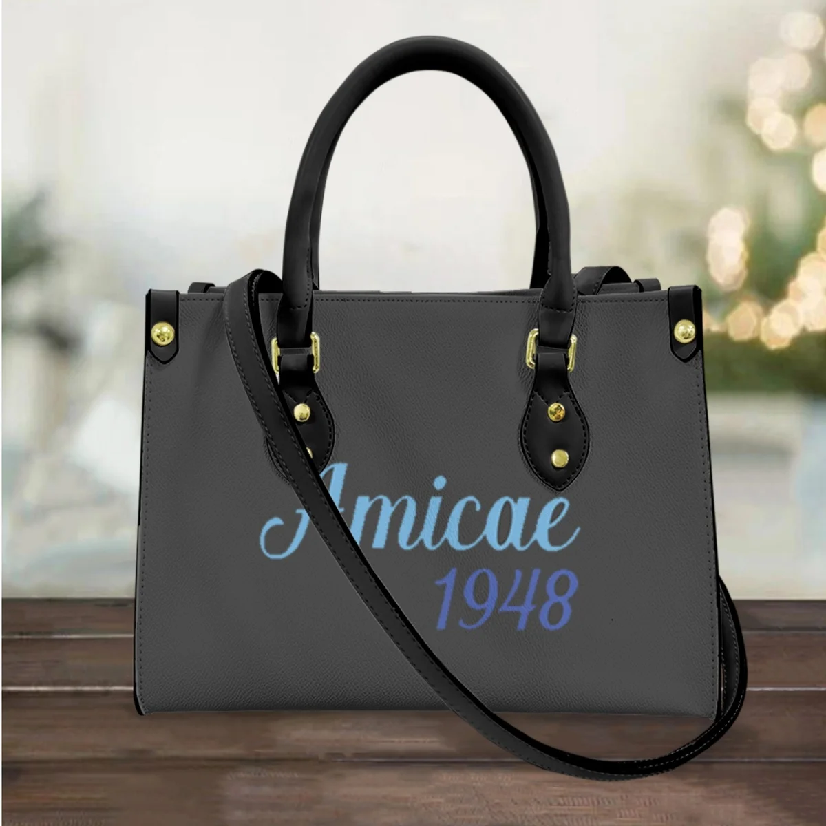 

Amicae Fraternity Gift Elegant Top Handle Women's Messenger Bag Friends of Zeta Designer Black PU Leather Underarm Bag Female