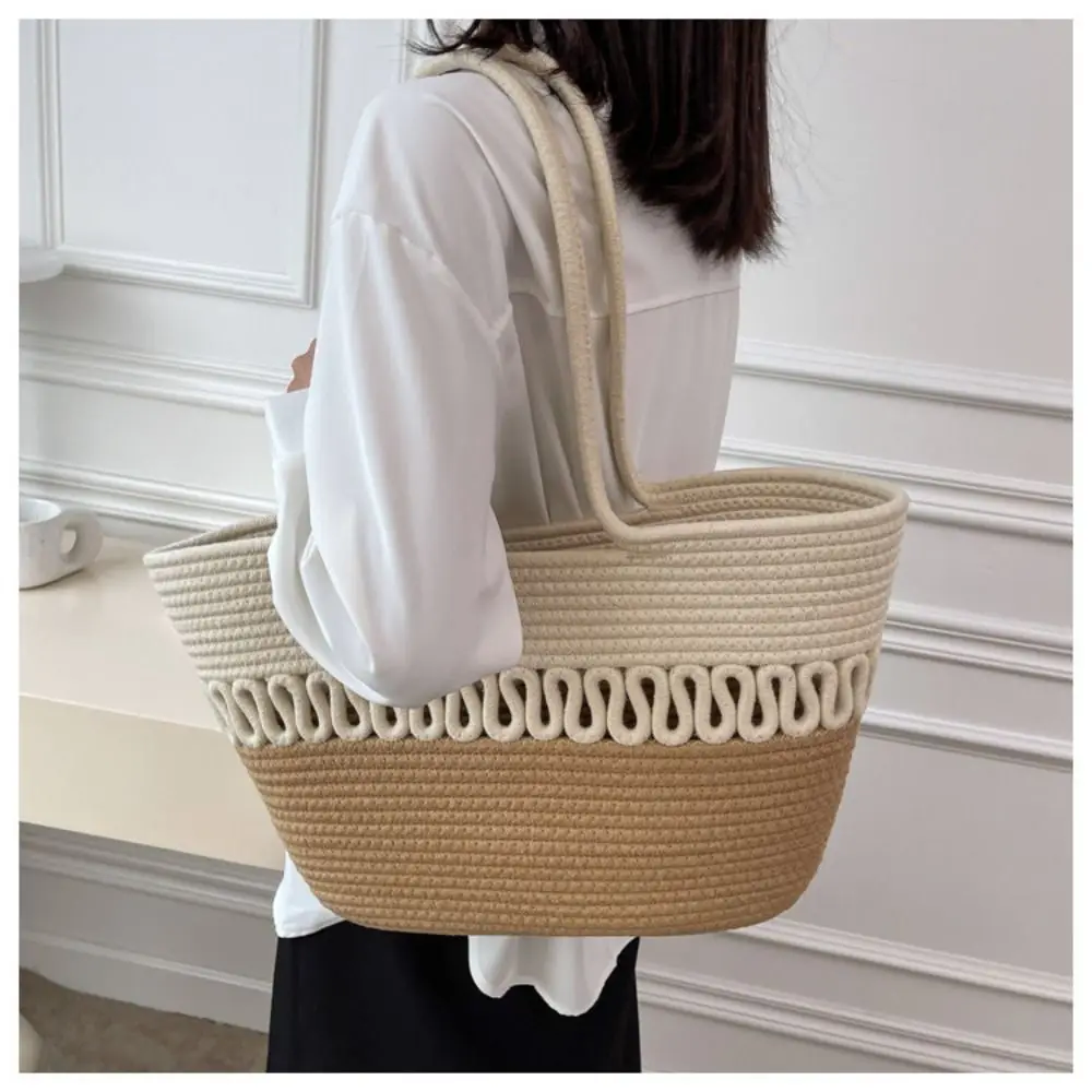 Knitting Fabric Handbag Durable Straw Large Capacity Beach Bag Shoulder Bag Women