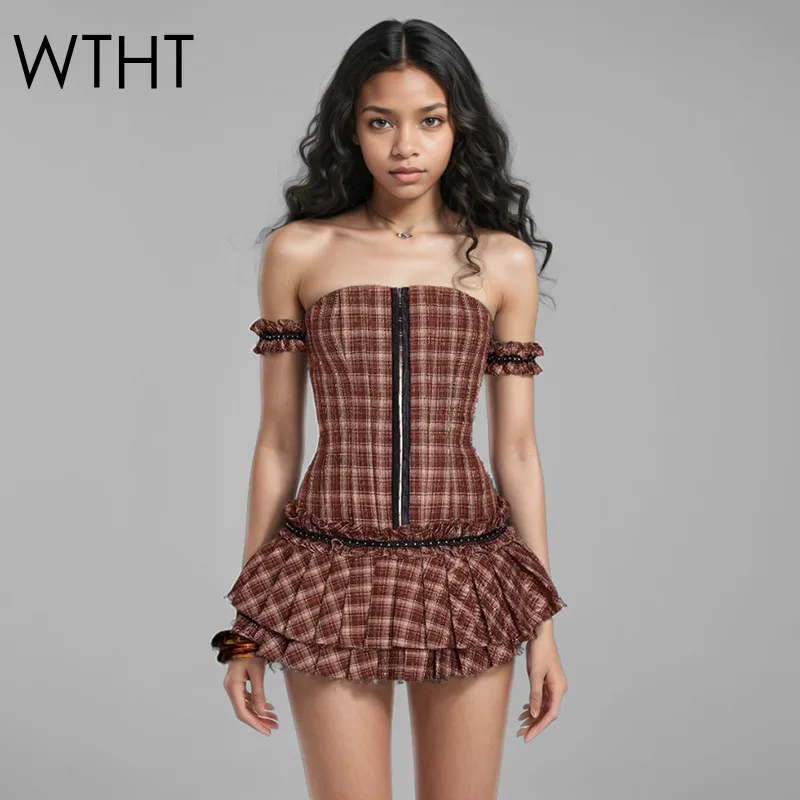 WTHT 2025 Spring New Fashion Women's Plaid Strapless Cake Dress Off-shoulder Bandage Short Pleated Dresses Female 1LS684