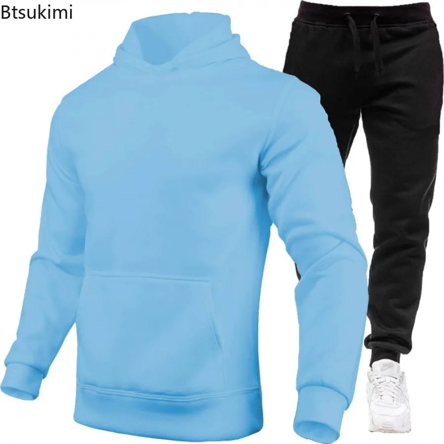 Men's Sports Suit Solid Color Casual Pullover Sweatshirt Long Pants Two-piece Set Spring Autumn Fleece Male Hooded Sweatshirt
