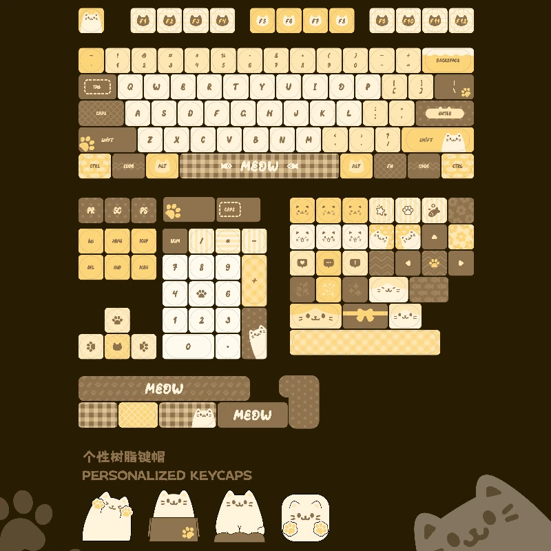 MEOW Theme Keycap Set 142 Keys MOA Profile PBT Dye Sublimation Fit 60%-108% Customized Mechanical Keyboard Peripheral Keycaps