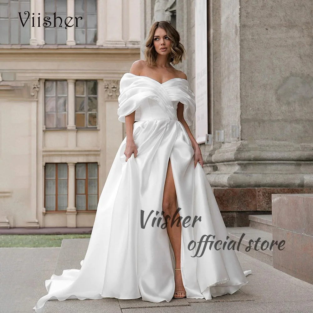 

Viisher White Pleats Satin Off Shoulder Wedding Dresses Side Split A Line Bride Dress with Train Long Wedding Bridal Gowns