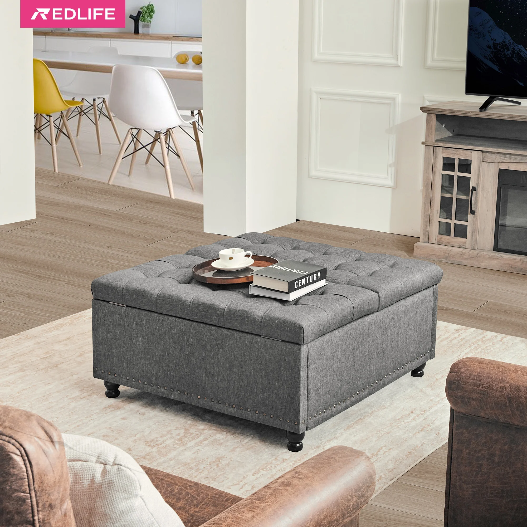 REDLIFE – grand banc ottoman de rangement carré de 35 pouces, Table basse rembourrée, tissu capitonné ottoman de rangement sur le dessus relevable pour le salon