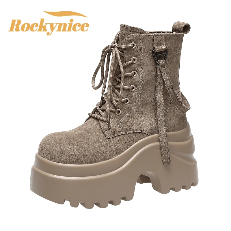 

Ботильоны для женщин, новые зимние мотоциклетные ботинки 2025 года, туфли на танкетке 9 см, туфли на высокой платформе, женские осенние ботинки в стиле панк на толстой подошве