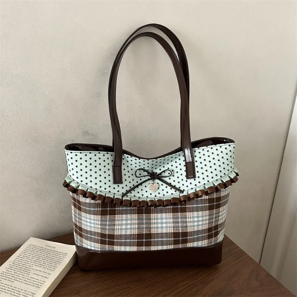 Fashion Mint Green Lace Plaid Tote Bag Polka Dot Bowknot Shoulder Bag Cloth Large Capacity Canvas Tote Bag Korean