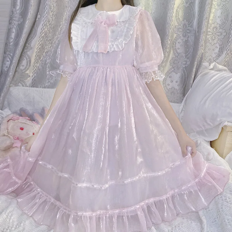 

Skirt 2024 New Summer Japanese Girl's Long Dress Cute Sweet Collar Bow Waist Female Birthday Lolita