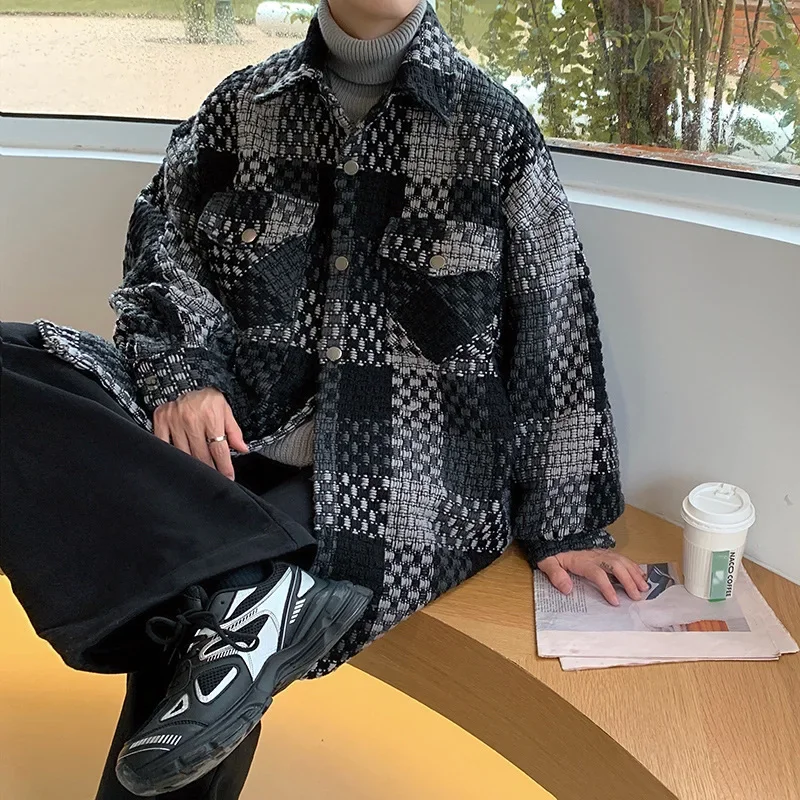 Plaid Blends Men Baggy Elegant Contrast Color Korean Style Teenagers All-match Hipster Harajuku Advanced Aesthetic Slouchy 2023