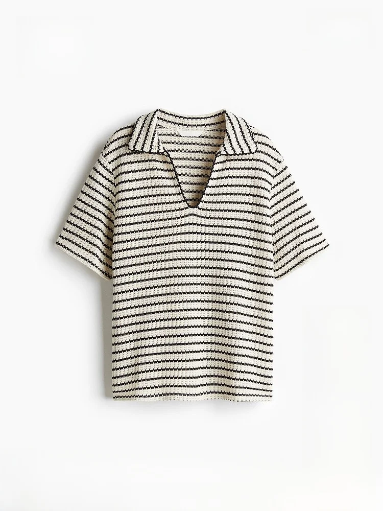 

H&M Women's Summer Knitted Textured Collared Top Loose Fit Striped Cotton Polyester Blend Short Sleeve Casual Style