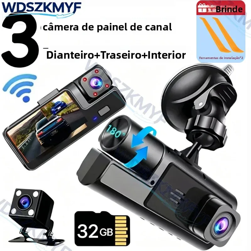 Câmera DVR Veicular Full HD 1080P WiFi com 2/3 Câmeras, Gravador de Vídeo para Veículos, Filmadora DVR de Três Vias para o Interior do Veículo