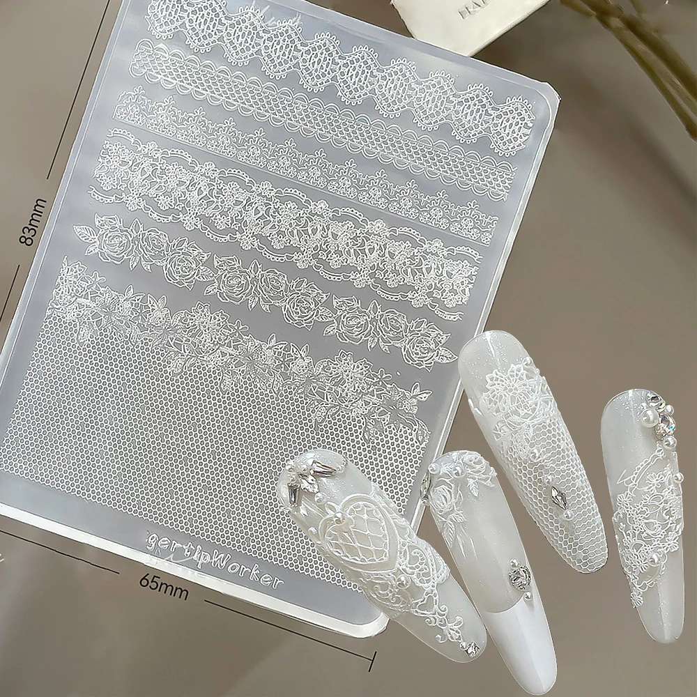 1 Blatt transparente Spitzenblumen Nagelkunst-Formen 3D Weiße Sexy Spitzenrose Französisches Muster Formen für Nagel-Silikonwerkzeuge DIY-Charms