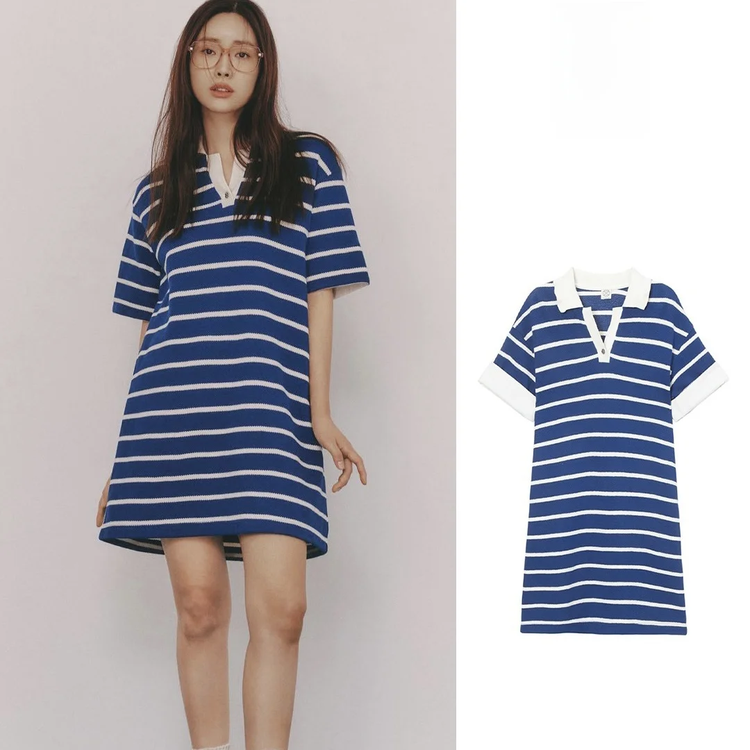 

Slimming Polka Dot Stripe Color Blo Dr Casual H-Line Cotton Blend Summer ort Sve Women's Faion Dr