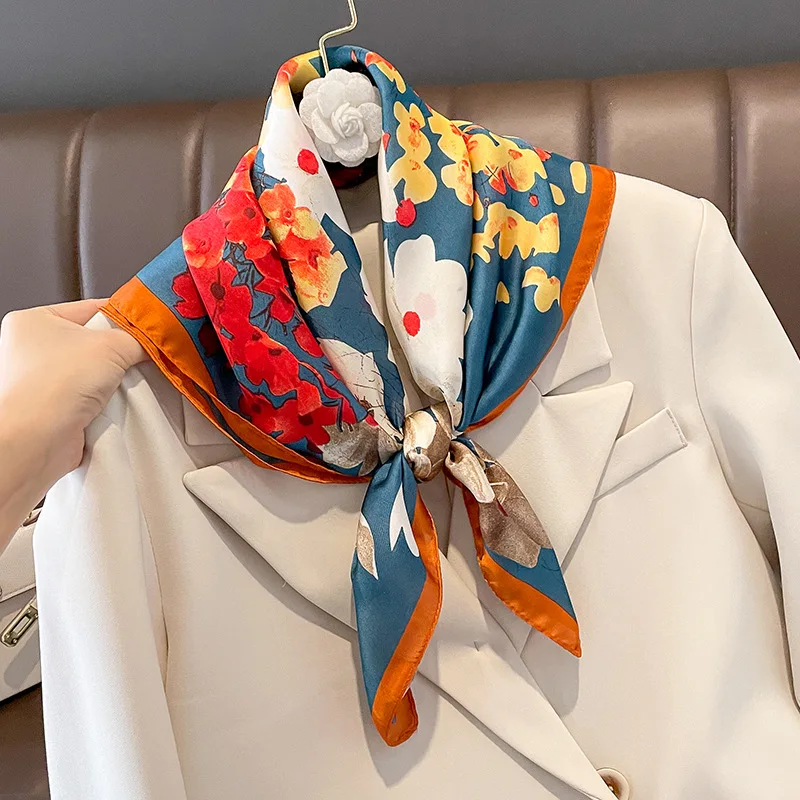 70x70 cm foulard en soie carré pour les femmes mode imprimé fleuri châle enveloppement printemps été foulard bandeau de cheveux dame hiver foulards