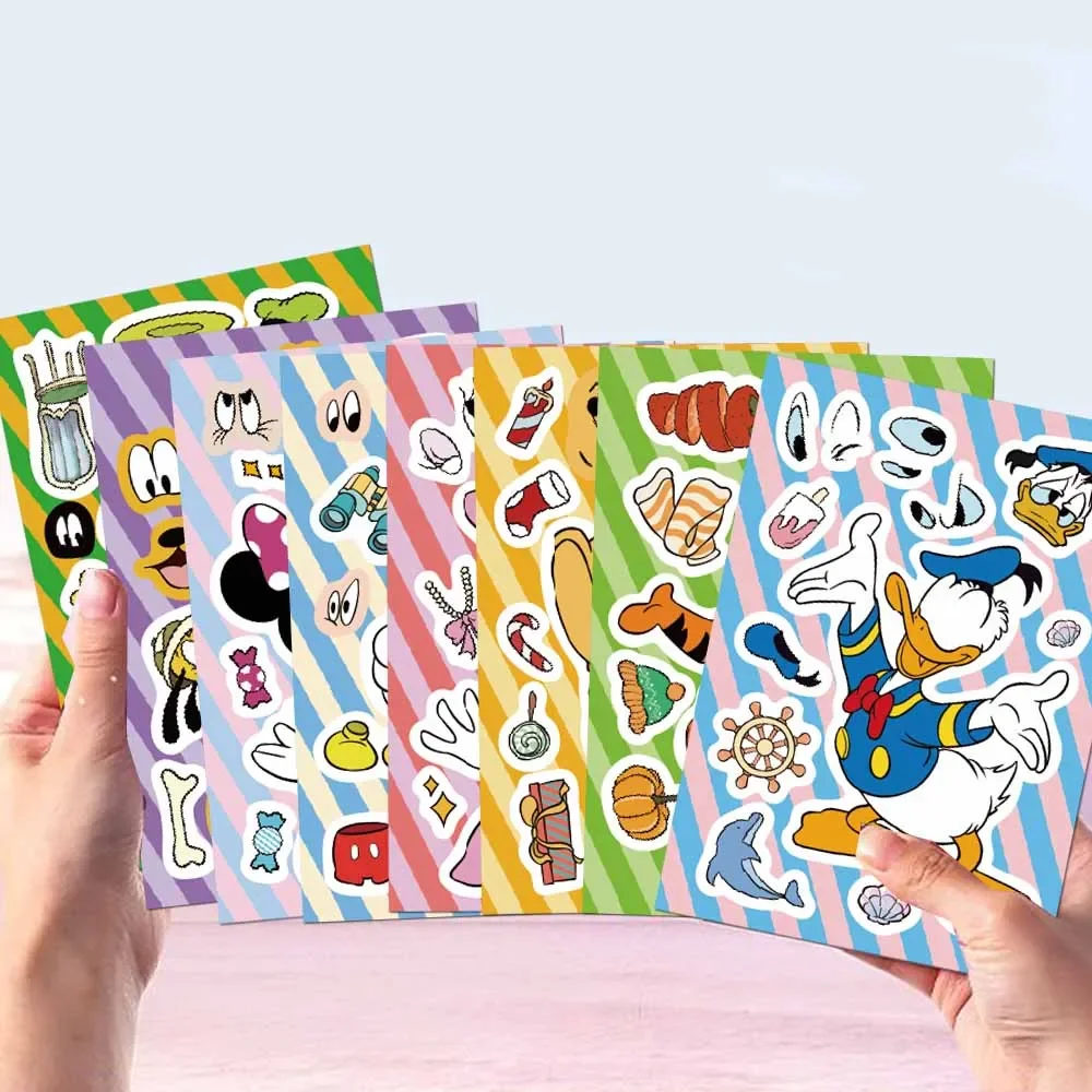 8/16Sheets Disney Make A Face Puzzle Stickers Mickey Minnie Donald Duck Kids Assemble Jigsaw Toys Children Funny Game Party Gift